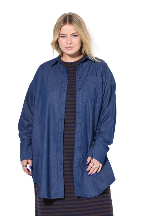 Košilová halenka, oversize, džínový vzhled, dlouhé rukávy uvnitř nařasené