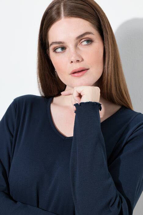 Shirt, ribjersey, V-hals, lange mouwen, biologisch katoen