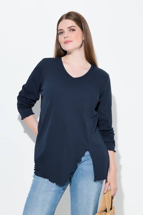 Shirt, ribjersey, V-hals, lange mouwen, biologisch katoen