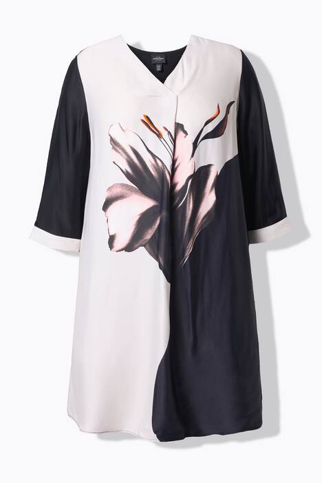 Tunique à décolleté en V et manches 3/4, plis fantaisie et motif floral