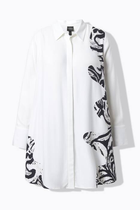 Blusa lunga con design animalier, collo da camicia e maniche lunghe