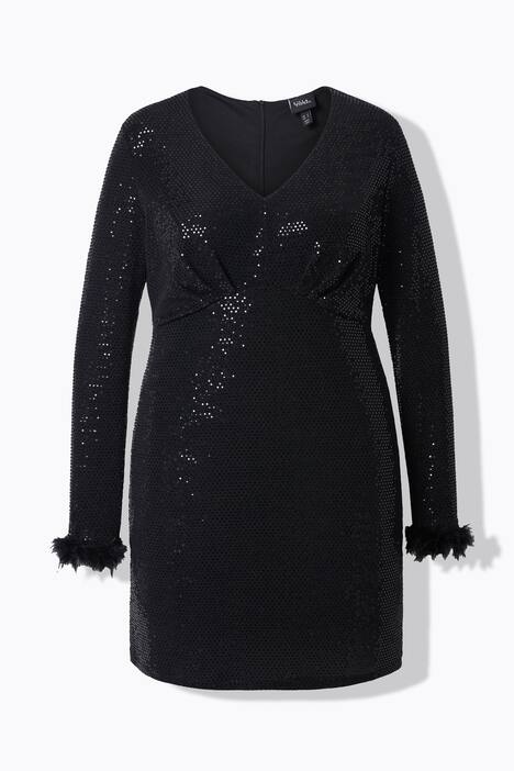 Bodycon-Kleid, Pailletten, V-Ausschnitt, Langarm, Federn