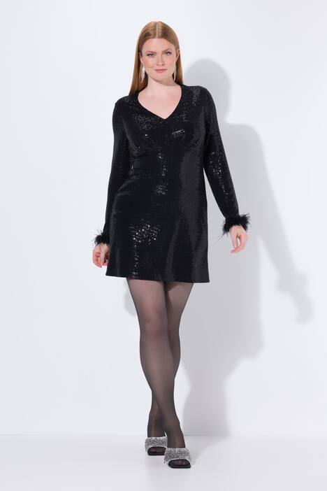 Bodycon-Kleid, Pailletten, V-Ausschnitt, Langarm, Federn