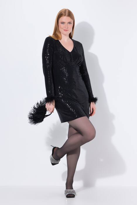 Bodycon-Kleid, Pailletten, V-Ausschnitt, Langarm, Federn