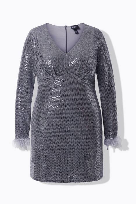 Bodycon-Kleid, Pailletten, V-Ausschnitt, Langarm, Federn