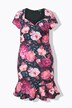 Robe légèrement cintrée en tissu scuba. Motif à fleurs. Volant à la base