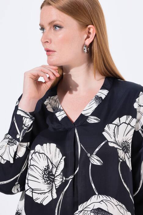 Satijnen tuniek, bloemen, V-hals, lange mouwen