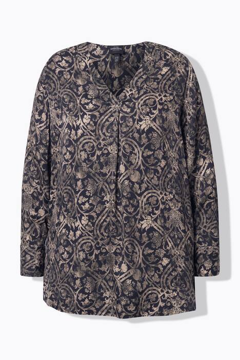 Blusa de satén, ornamentos, escote en V, manga larga