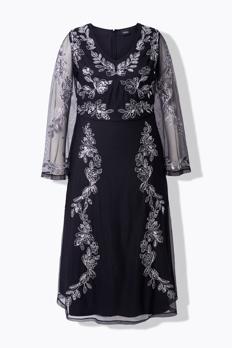 Abendkleid, Stickerei, V-Ausschnitt, Langarm