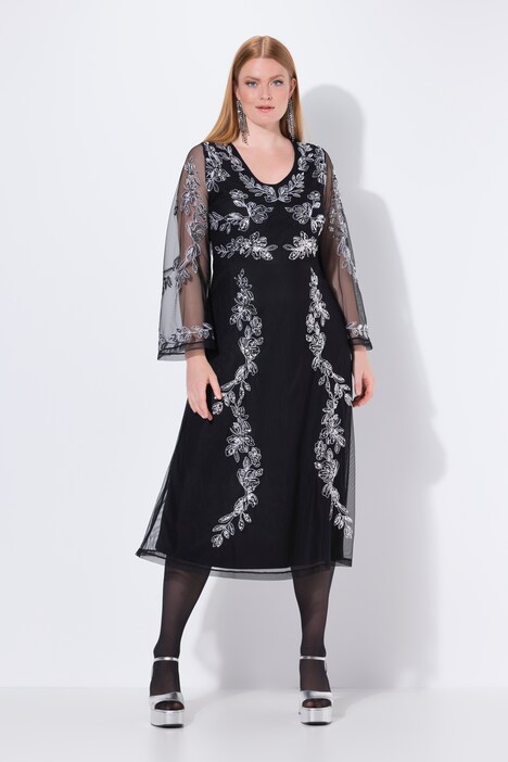 Abendkleid, Stickerei, V-Ausschnitt, Langarm