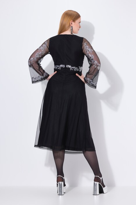 Abendkleid, Stickerei, V-Ausschnitt, Langarm