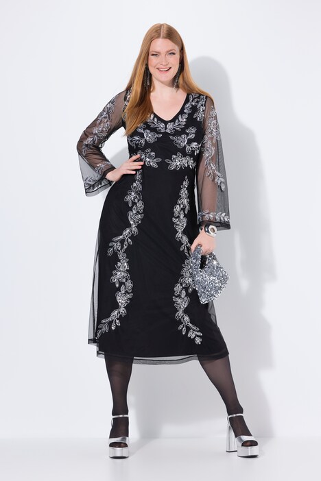 Abendkleid, Stickerei, V-Ausschnitt, Langarm