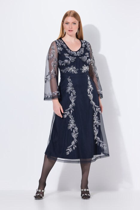 Abendkleid, Stickerei, V-Ausschnitt, Langarm