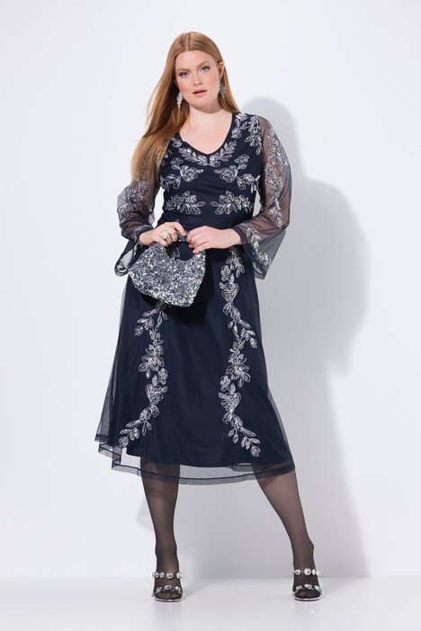 Abendkleid, Stickerei, V-Ausschnitt, Langarm