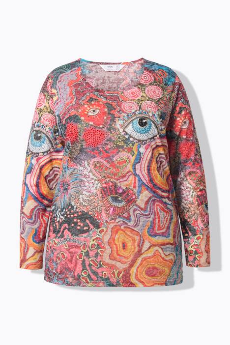 Maglia con brillantini, stampa a patchwork e maniche lunghe