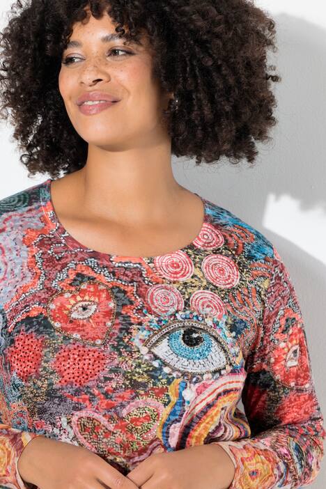Maglia con brillantini, stampa a patchwork e maniche lunghe