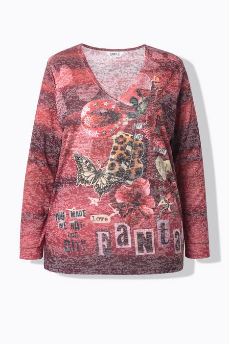 Langærmet T-shirt, glitrende similsten, leopard/patchprint