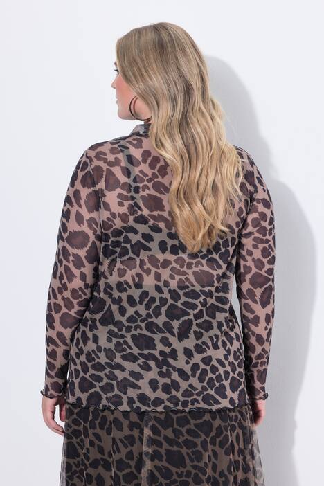 Maglia in mesh dal taglio aderente con design leopardato, collo alto e maniche lunghe