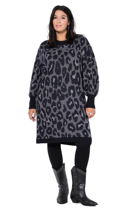Úpletové šaty, oversize, leopardí vzor, balónové rukávy