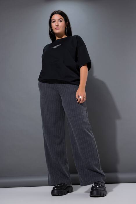 Pantalon à fines rayures, petites pierres scintillantes, coupe Wide Legs et taille haute