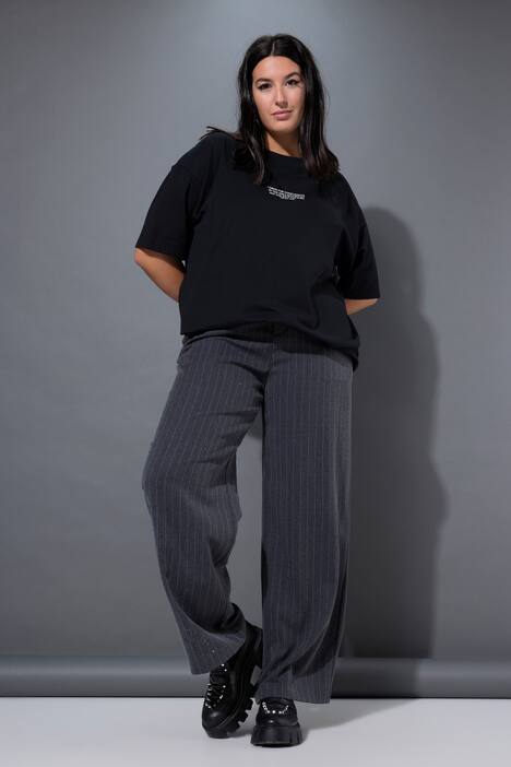 Pantalon à fines rayures, petites pierres scintillantes, coupe Wide Legs et taille haute