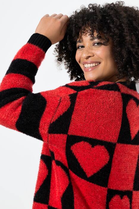 Chaqueta de punto, ajuste recto, estampado de corazón, manga larga con rayas horizontales