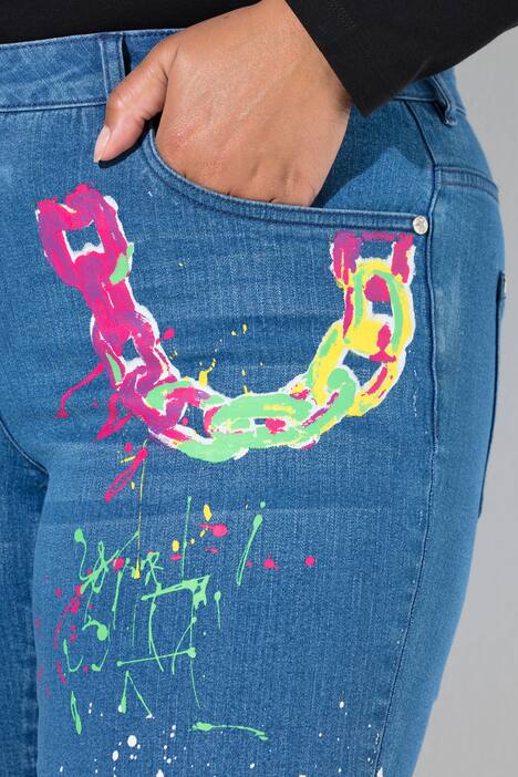 Vaqueros pitillo, slim, look usado, estampados de neón