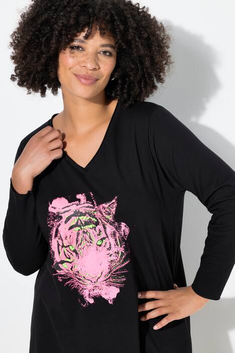 Shirt met lange mouw, A-lijn, neon tijgermotief, puntzoom