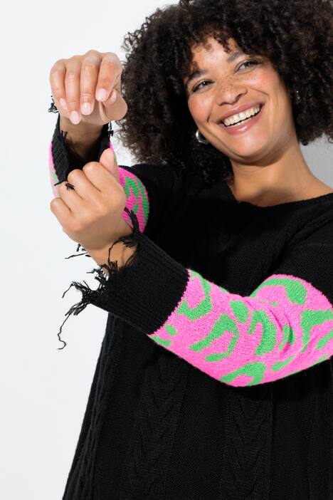 Abito midi di maglia dal taglio dritto con frange e maniche lunghe e leopardate