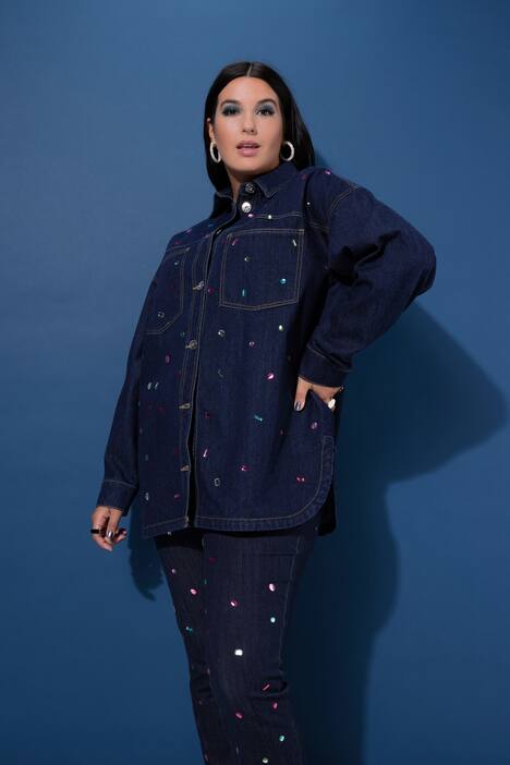 Chemisier en jean oversize, petites pierres scintillantes