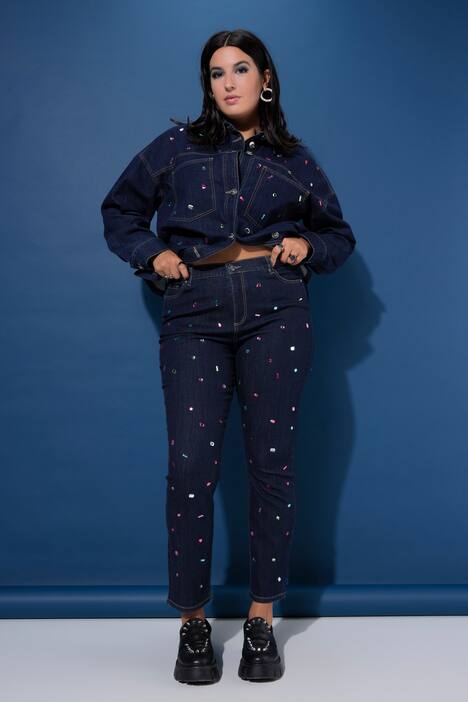 Jean Mom avec pierres scintillantes, coupe Wide Legs, 5 poches