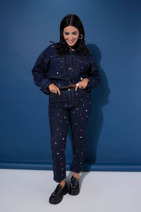 Jean Mom avec pierres scintillantes, coupe Wide Legs, 5 poches