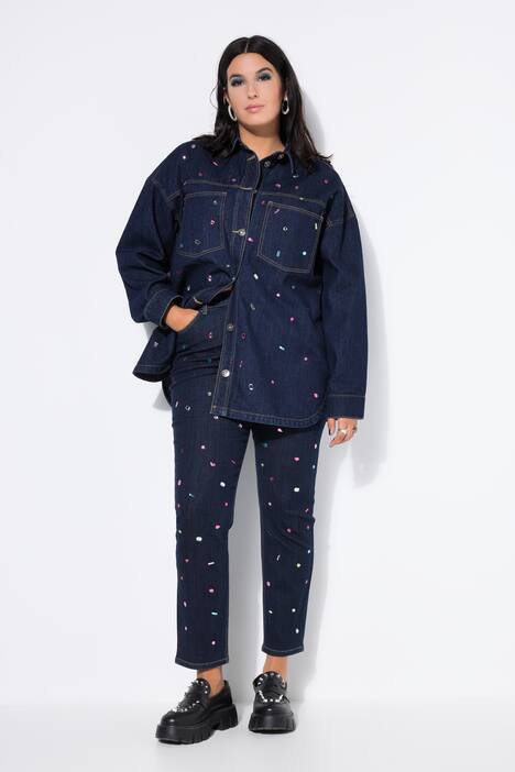 Jean Mom avec pierres scintillantes, coupe Wide Legs, 5 poches