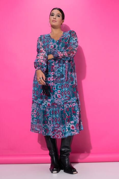Midikleid, A-Line, doppellagig, floraler Print, Saumvolant