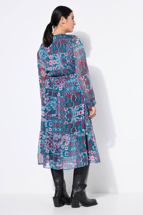 Midikleid, A-Line, doppellagig, floraler Print, Saumvolant