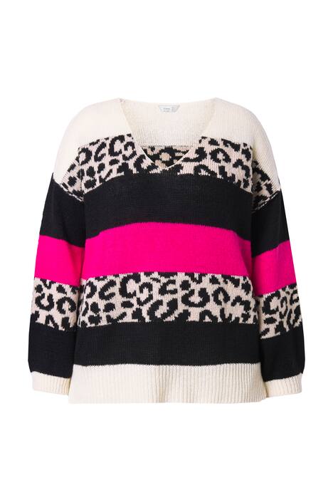 Svetr, oversize, blokové pruhy s leopardím vzorem