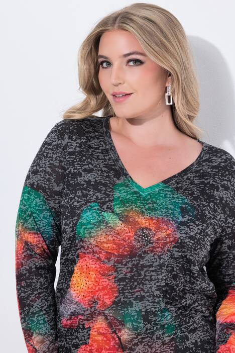 Maglia con fiori, brillantini e maniche lunghe