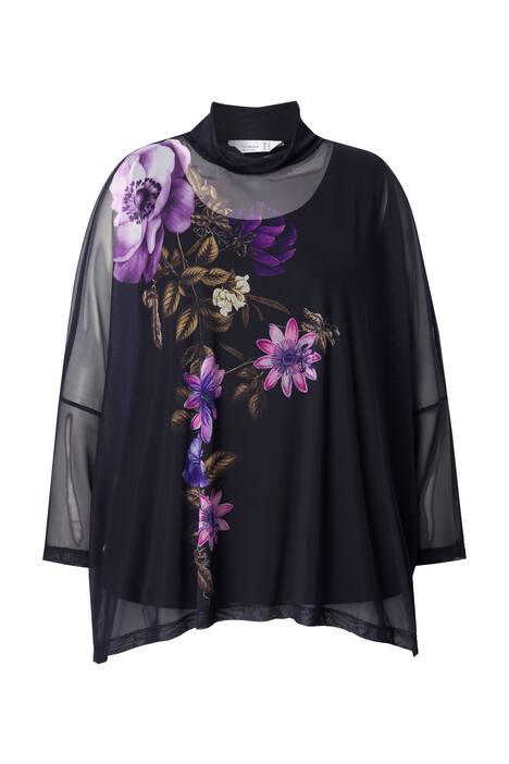 Síťovaná halenka, oversize, květinový motiv, neprůhledný top