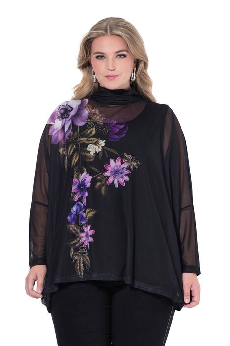Síťovaná halenka, oversize, květinový motiv, neprůhledný top