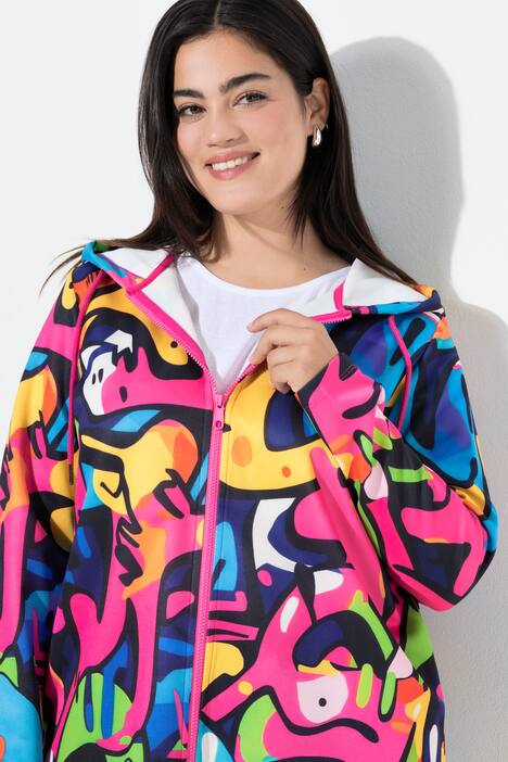 Hoodie-jakke i sweat, allover-print, med hætte