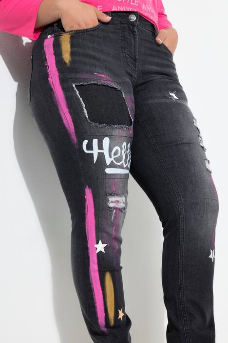 Slim jeans Irma, smalt ben, fargepatches, 5-lommer