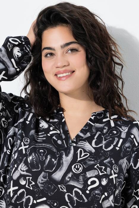Blusa, forma en A, estampado por toda la prenda, manga larga