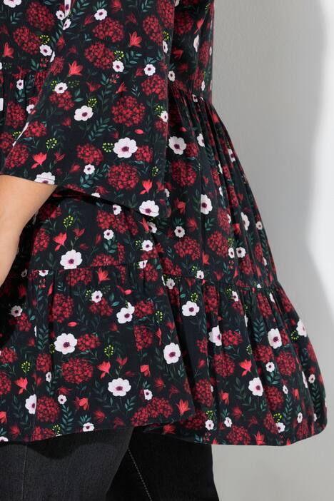 Bluse i A-snit, blomster, 3/4-ærme og flæser