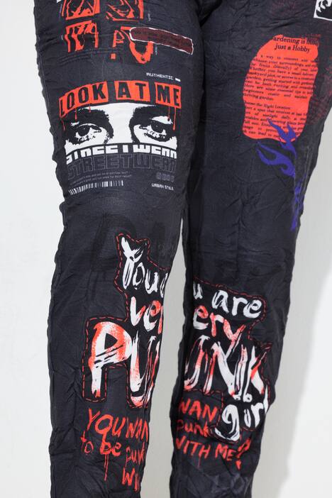 Pantalón, ajuste holgado, jogging, efecto plisado, estampado completo