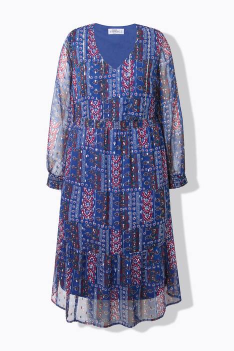 Midikjole i chiffon, patchprint med glitter og flæsekant