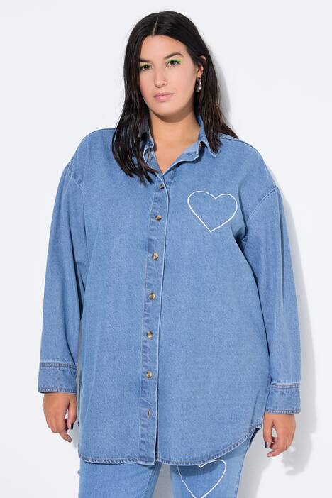 Chemise en jean oversize, cœur brodé