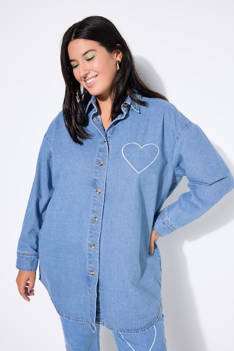 Chemise en jean oversize, cœur brodé