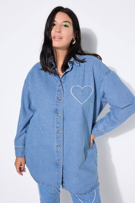 Chemise en jean oversize, cœur brodé