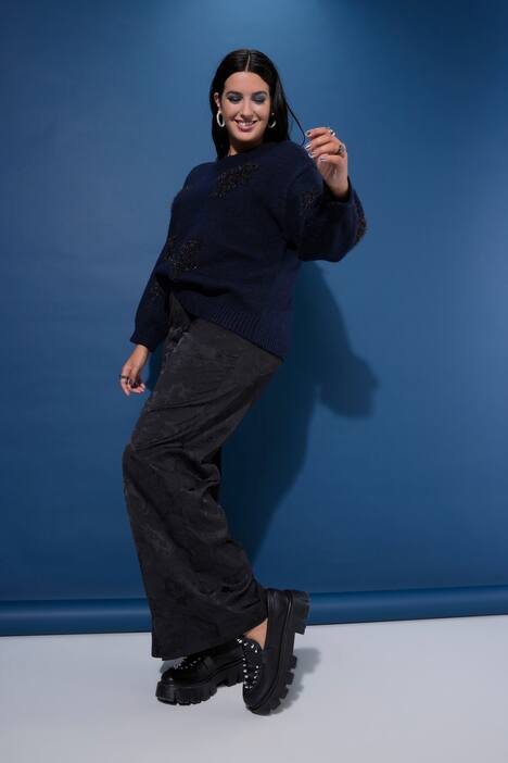 Pantalon en crêpe jacquard, motif à fleurs, jambe large et taille élastique