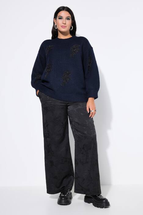 Pantalon en crêpe jacquard, motif à fleurs, jambe large et taille élastique